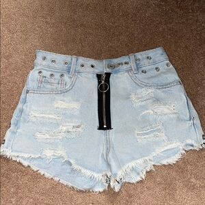 Zara Women’s Light Blue Distressed Denim Shorts with Gommet Details